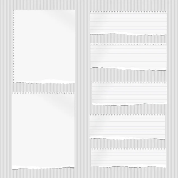 Nota bianca, pezzi di carta del taccuino con bordo strappato bloccato sul backgroud foderato grigio. Illustrazione vettoriale . — Vettoriale Stock
