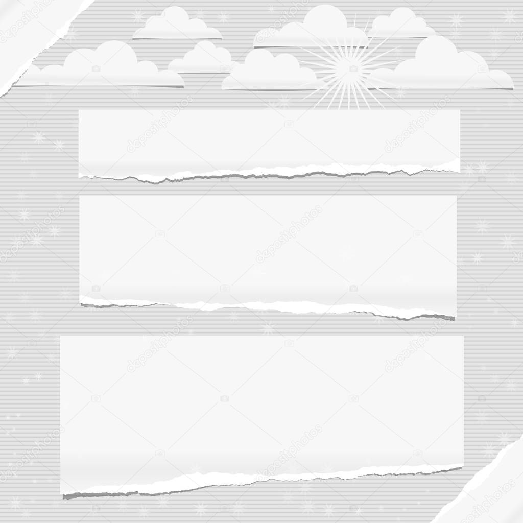 White note, notebook paper pieces with torn edge, clouds, sun and stars stuck on gray lined backgroud. Vector illustration.