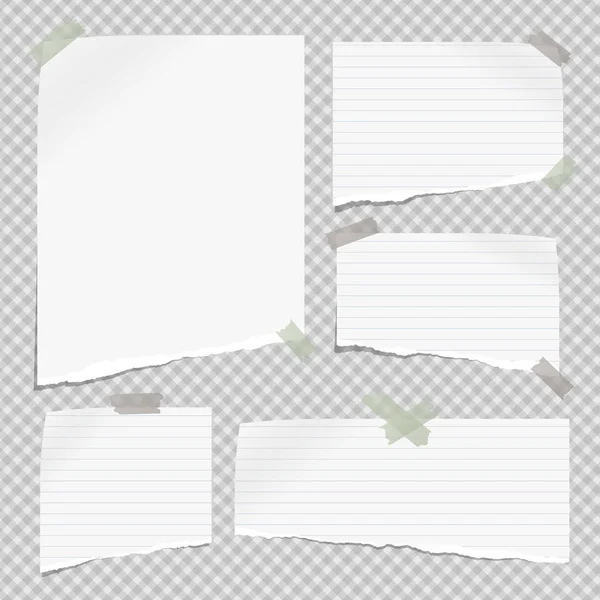Weiß linierte Notiz, Notizheftpapierstücke mit abgerissenen Kanten, die mit Klebeband auf grauem, kariertem Hintergrund geklebt sind. Vektorillustration. — Stockvektor