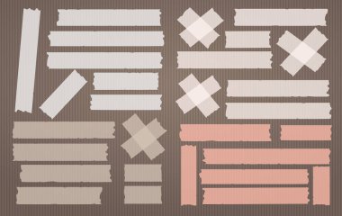 Renkli yapışkan, yapışkan, maskeleme, koli bandı şeritler üzerinde açık kahverengi renkli metin için. Vektör çizim.