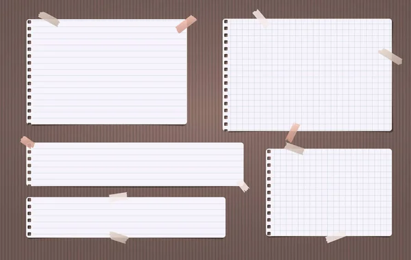 Weiß linierte und quadratische Notiz, Notizbuch auf braunem Hintergrund aufgeklebt. Vektorillustration. — Stockvektor