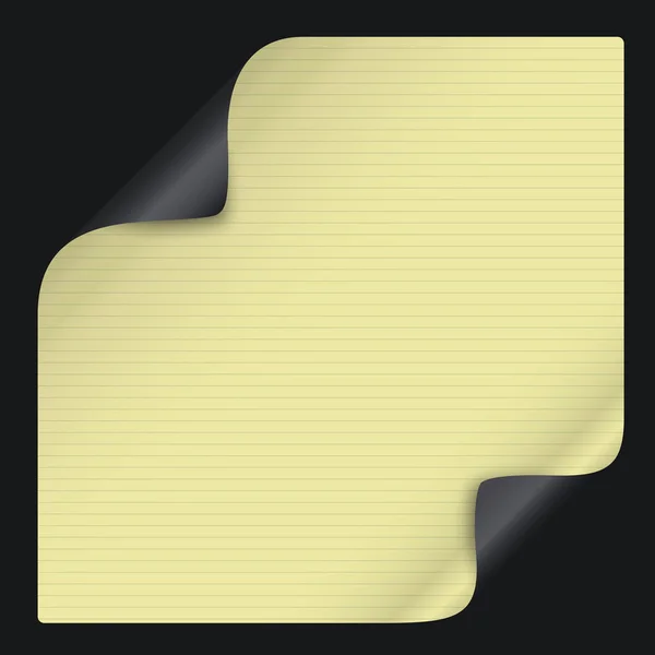 El papel de cuaderno amarillo, negro con esquinas rizadas para texto o mensaje publicitario está sobre fondo negro. Ilustración vectorial — Vector de stock