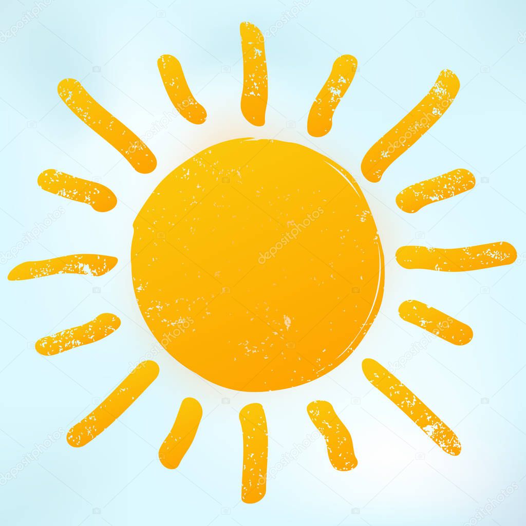 Orange bright sun icon with warm rays. Sunlight symbol is on blue sky background.