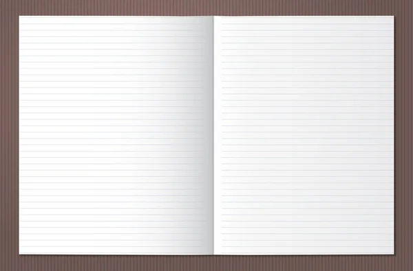 Nota forrada blanca, papel de cuaderno con página abierta pegada en el fondo forrado marrón. Ilustración vectorial . — Vector de stock