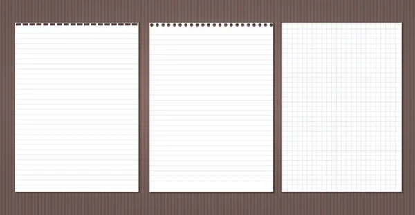 White lined and squared note, notebook paper stuck on brown lined backgroud. Vector illustration. — Stock Vector