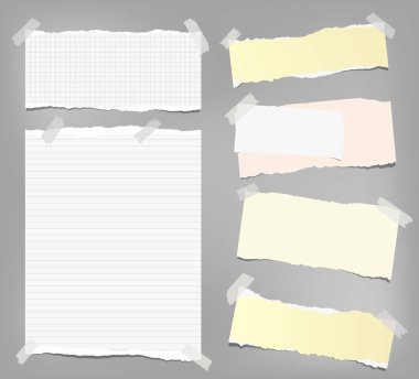 Gri arka plan üzerinde beyaz ve renkli Not, yırtık kenarlar ile defter kağıt sıkışmış. Vektör çizim.