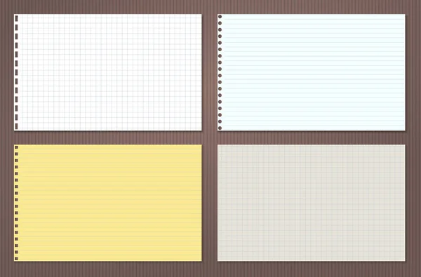 Amarillo, blanco forrado y cuadrado nota, papel de cuaderno pegado en pozition horizontal sobre fondo marrón. Ilustración vectorial . — Archivo Imágenes Vectoriales