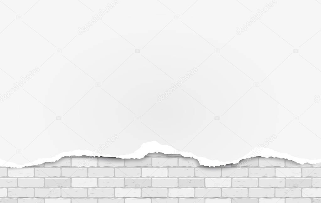 White horizontal ripped paper strip for text or message on white brick background. Vector illustration.