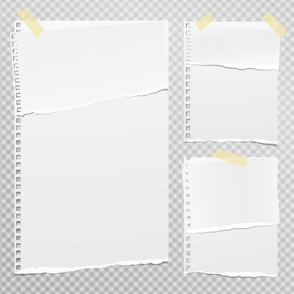 White note, notebook paper with torn edges stuck with yellow sticky tape on gray squared background. Vector illustration. — Stock Vector