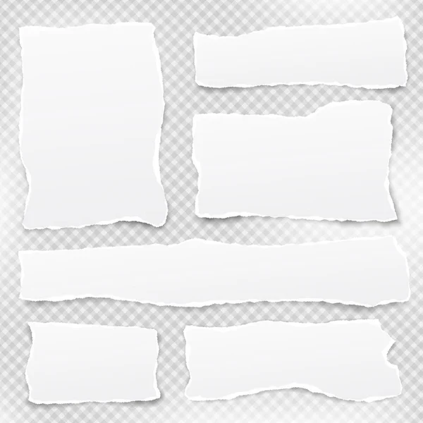 Nota blanca, papel de cuaderno con bordes rotos pegados sobre fondo cuadrado gris. Ilustración vectorial . — Vector de stock