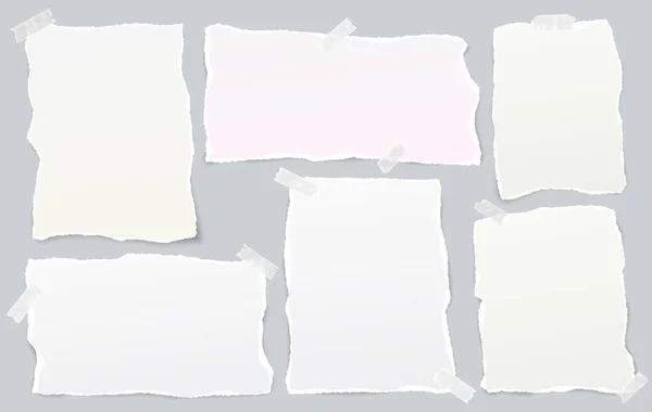 Tiras rasgadas brancas e coloridas, nota, papel de caderno para texto ou mensagem presa com fita adesiva no fundo cinza —  Vetores de Stock