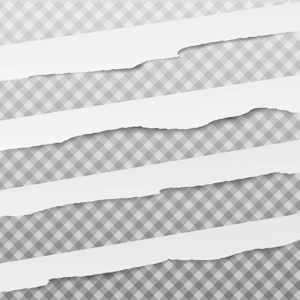 Sæt af hvide diagonale rippet papirstrimler, revet notat papir til tekst eller besked er på kvadreret baggrund. Vektorillustration – Stock-vektor