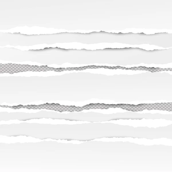 Conjunto de tiras de papel rasgado horizontais brancas, papel de nota rasgada para texto ou mensagem estão em fundo quadrado cinza. Ilustração vetorial — Vetor de Stock