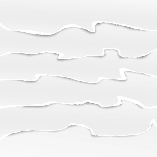 Набор белых горизонтальных разорванных бумажных полосок, рваная бумага для текста или сообщения. Векторная иллюстрация
