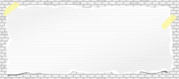 Poziome białe pokryte zgrywanie pasek papieru z poszarpane krawędzie, rozdarty papier firmowy dla tekstu lub wiadomość na tle ściany Cegła — Wektor stockowy
