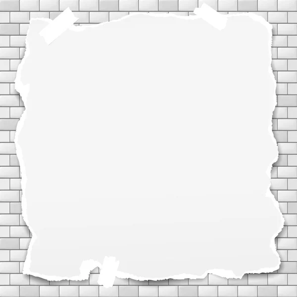 Weißes gerissenes Papier mit abgerissenen Kanten, zerrissenes Notizpapier für Text oder Nachricht ist auf Backsteinwand Hintergrund — Stockvektor