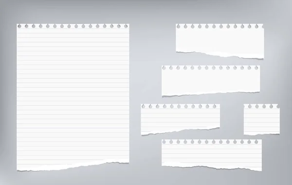 Nota forrada blanca, tiras de papel de cuaderno con bordes rotos pegados sobre fondo gris. Ilustración vectorial . — Vector de stock