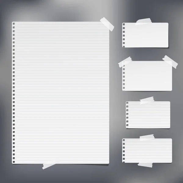White lined note, notebook paper strips stuck on dark grey background. Vector illustration. — ストックベクタ