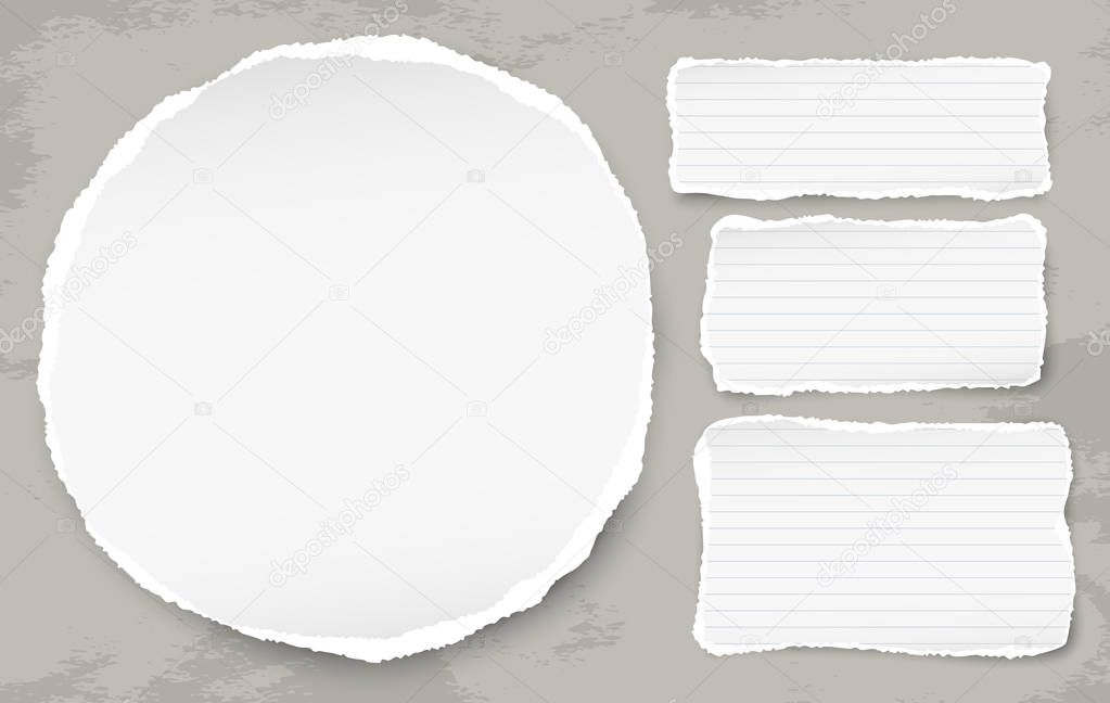 White round ripped paper with torn note strips for text or message on grunge stained background. Vector illustration.