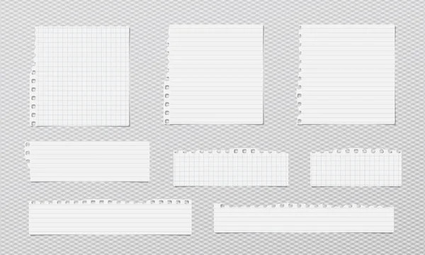 Nota forrada blanca, tiras de papel de cuaderno con bordes rotos pegados sobre fondo cuadrado gris. Ilustración vectorial . — Vector de stock