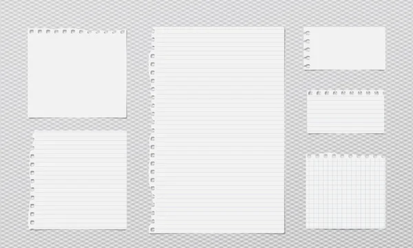 Wit gevoerd opmerking, notebook papier stroken met Gescheurde randen op grijze vierkante achtergrond geplakt. Vectorillustratie. — Stockvector