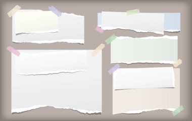 Yırtık Kenarlar kahverengi zemin üzerine yapışkan bant ile şaşırıp kalmış ile beyaz ve renkli Not, defter kağıt şeritler. Vektör çizim.