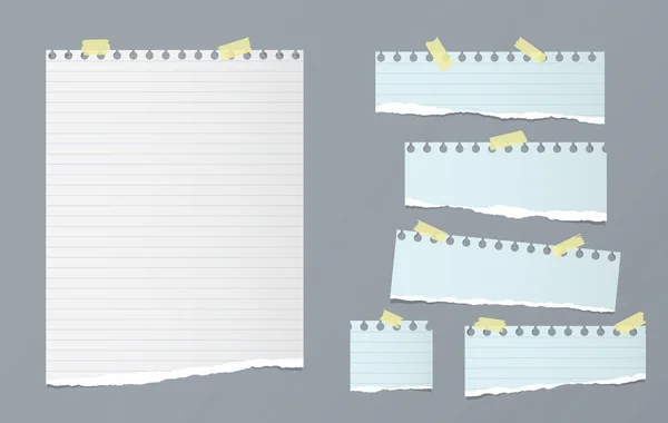 Weiße und blaue Notizen, Notizbuchstreifen mit abgerissenen Kanten, die mit gelbem Klebeband auf blauem Hintergrund beklebt sind. Vektorillustration. — Stockvektor