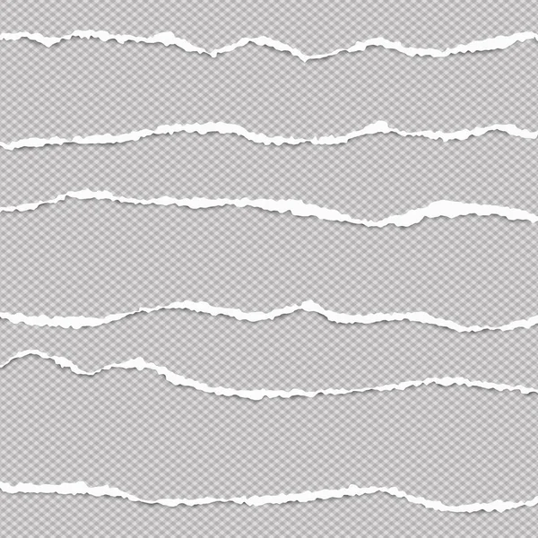 Weiße horizontal aufgerissene Papierstreifen auf grauem, kariertem Hintergrund. Vektorillustration — Stockvektor
