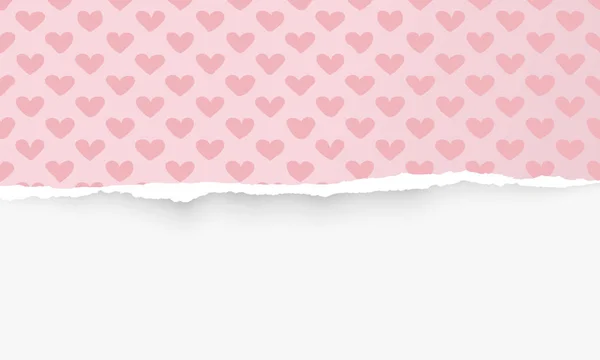 Papel rosa horizontal rasgado com padrão de formas de coração para texto ou mensagem no fundo branco. Ilustração vetorial — Vetor de Stock