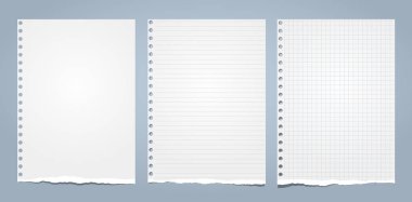 Beyaz defter kağıt sökük, yırtık not kağıdı metin veya ileti için mavi arka plan üzerinde. Vektör çizim