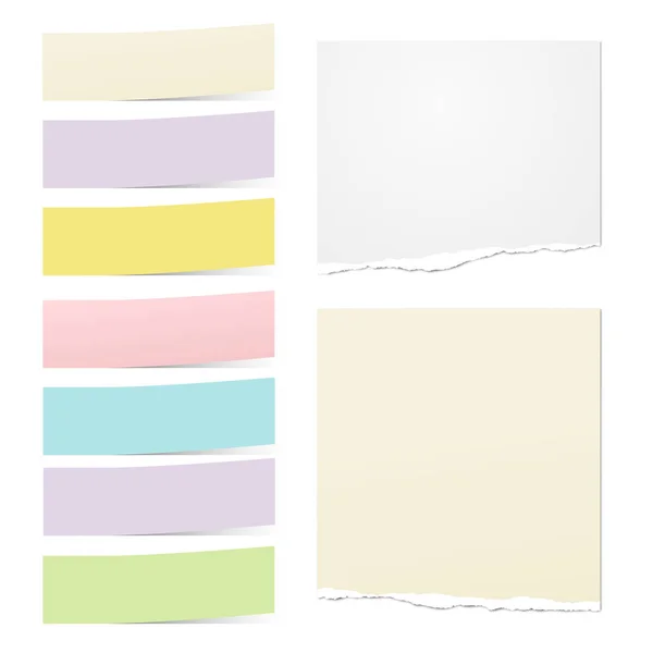 Papier portable déchiré blanc, bandes de papier de note colorées pour le texte ou le message sont sur fond blanc. Illustration vectorielle — Image vectorielle