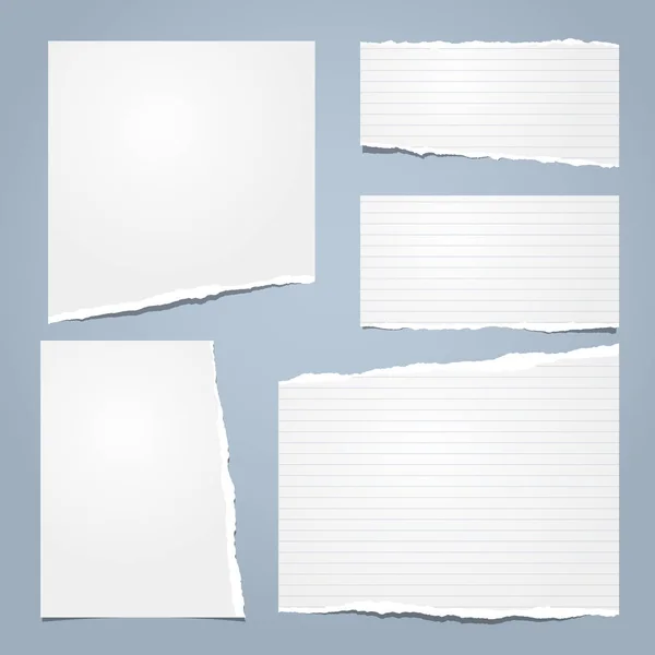 White ripped notebook paper, torn lined note paper for text or message stuck on blue background. Vector illustration — Stock Vector