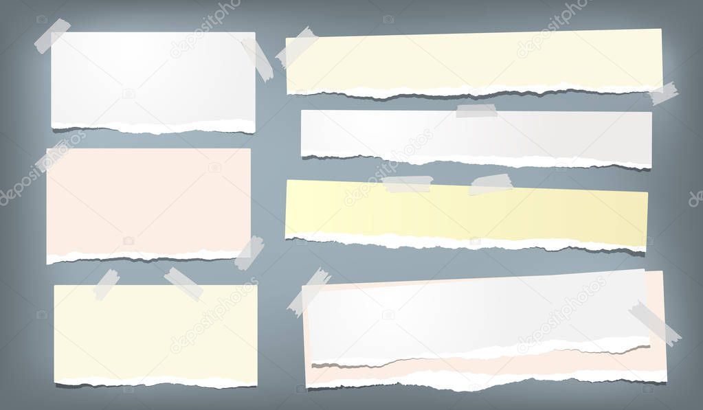 Colorful ripped notebook paper, torn note paper strips stuck on blue background. Vector illustration