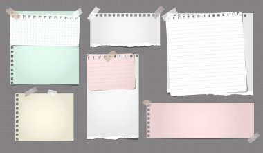 Beyaz ve renkli sökük defter kağıt, çizgili Not kağıt şeritler yırtık kahverengi zemin üzerinde sıkışmış. Vektör çizim