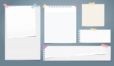 Beyaz dizi defter kağıt, mavi arka plan üzerinde renkli yapışkan bant ile sıkışmış yırtık Not kağıt şeritler sökük. Vektör çizim