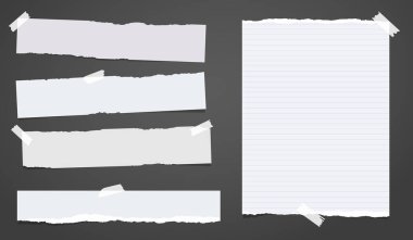 Beyaz dizi defter kağıt, yırtık Not kağıt şeritler siyah arka plan üzerine yapışkan bant ile sıkışmış sökük. Vektör çizim