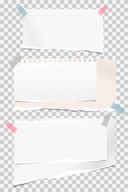 Beyaz dizi defter kağıt, yırtık Not kağıt şeritler kare arka plan üzerinde renkli yapışkan bant ile sıkışmış sökük. Vektör çizim