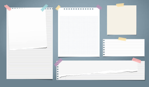 Set of white ripped notebook paper, torn note paper strips stuck with colorful sticky tape on blue background. Vector illustration