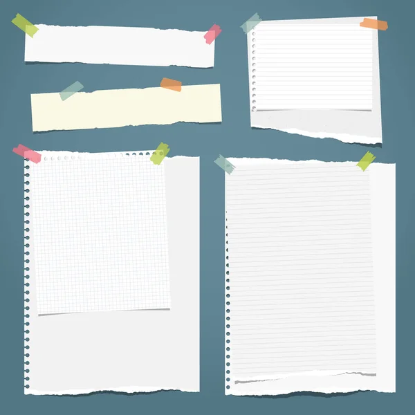 Set of white ripped notebook paper, torn note paper strips stuck with colorful sticky tape on blue background. Vector illustration — Stock Vector