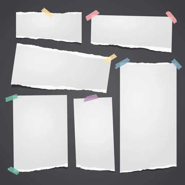 Set of white ripped notebook paper, torn note paper strips stuck with colorful sticky tape on black background. Vector illustration — Stock Vector