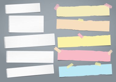 Dizi beyaz ve renkli defter kağıt, yırtık Not kağıt şeritler gri arka plan üzerinde yapışkan bant ile sıkışmış sökük. Vektör çizim