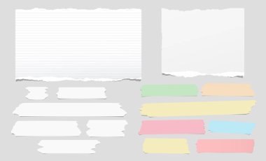 Dizi beyaz yırtık Not, defter kağıt, gri arka plan üzerinde yırtık yapışkan bant. Vektör çizim