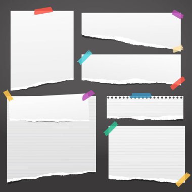 Beyaz dizi defter kağıt, yırtık Not kağıt şeritler siyah arka plan üzerinde renkli yapışkan bant ile sıkışmış sökük. Vektör çizim