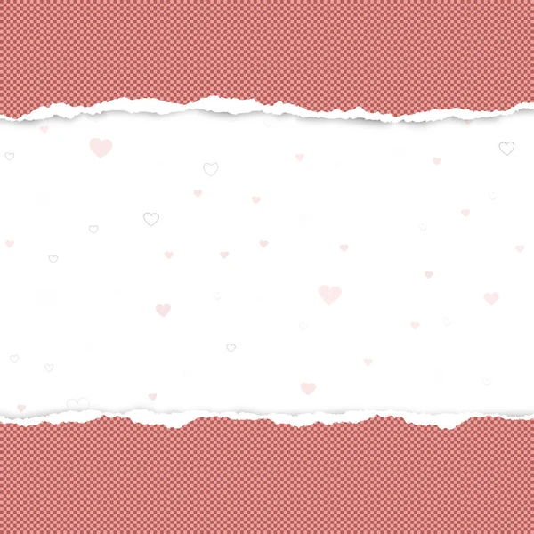 El papel horizontal rojo cuadrado rasgado para texto o mensaje está sobre fondo blanco con amor, patrón de corazón. Ilustración vectorial — Archivo Imágenes Vectoriales