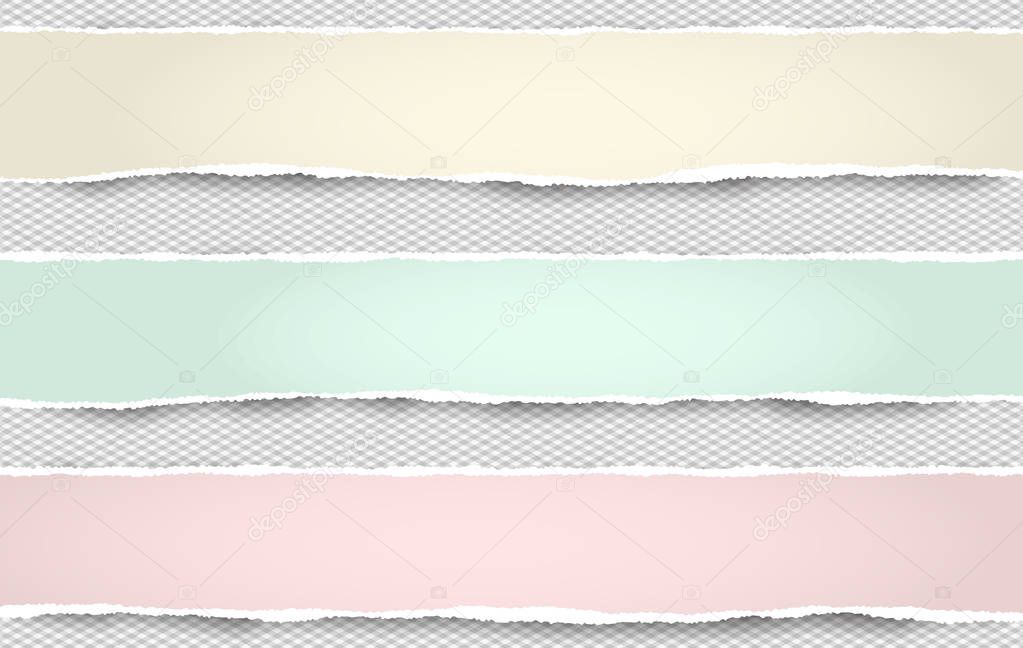 Ripped yellow, green pink paper strips for text or message are on grey background. Vector illustration