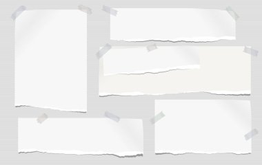 Beyaz dizi defter kağıt, yırtık Not kağıt şeritler çizgili gri arka plan üzerinde yapışkan bant ile sıkışmış sökük. Vektör çizim