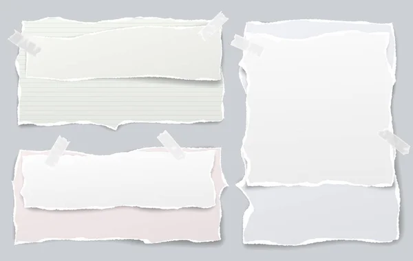 Conjunto de papel de cuaderno rasgado blanco y colorido, tiras de papel de nota rasgada pegadas con cinta adhesiva sobre fondo gris. Ilustración vectorial — Archivo Imágenes Vectoriales