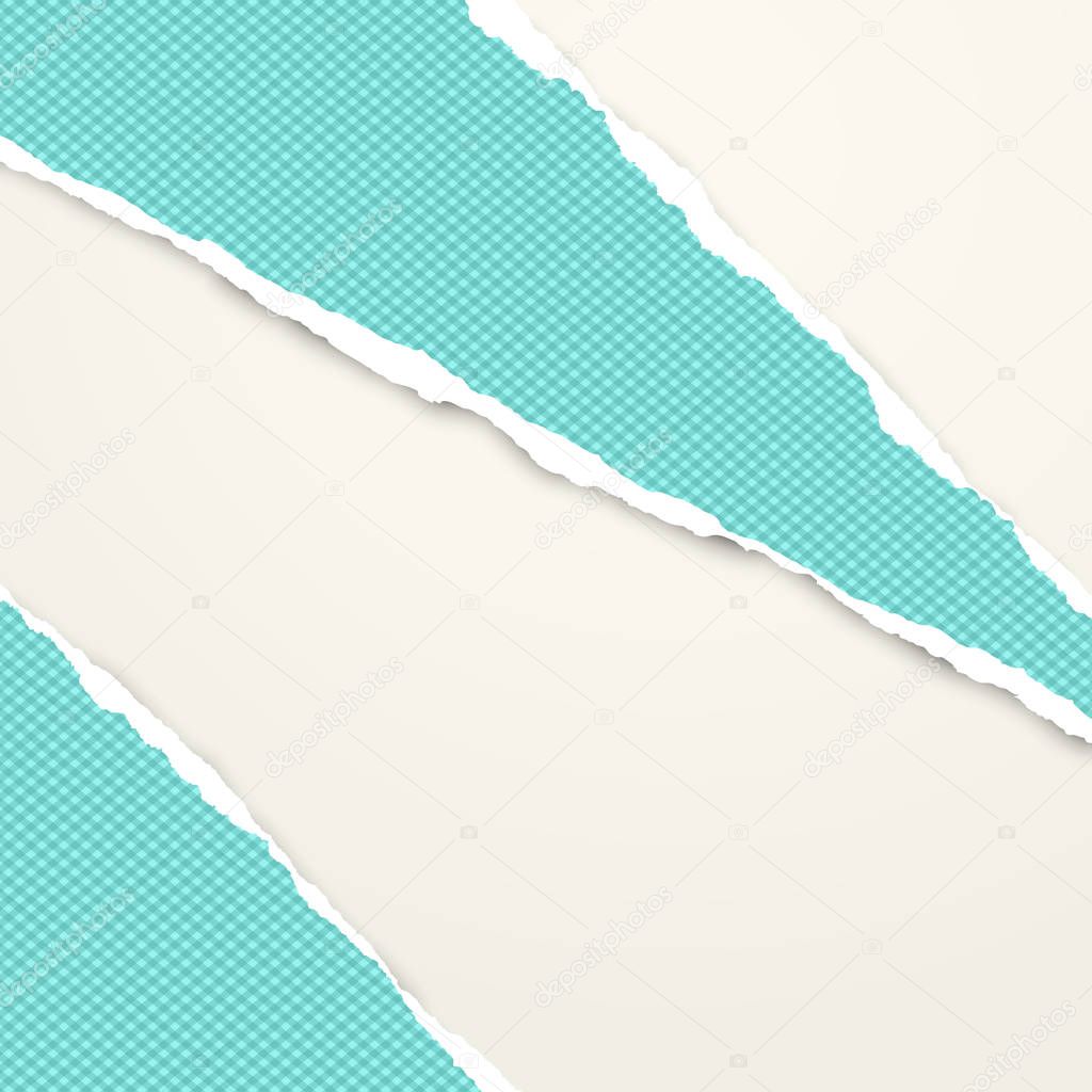 Ripped squared turquoise paper strips for text or message are on white background. Vector illustration
