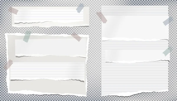 Set witte geripte notebookpapier, gescheurde nota papier stroken geplakt met plakband op grijze achtergrond. Vectorillustratie — Stockvector