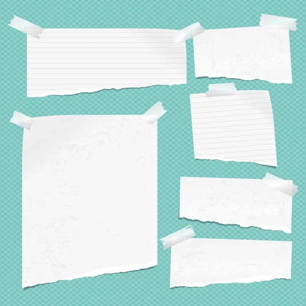 White ripped notebook paper, torn note paper strips stuck on turquoise squared background. Vector illustration — Stock Vector